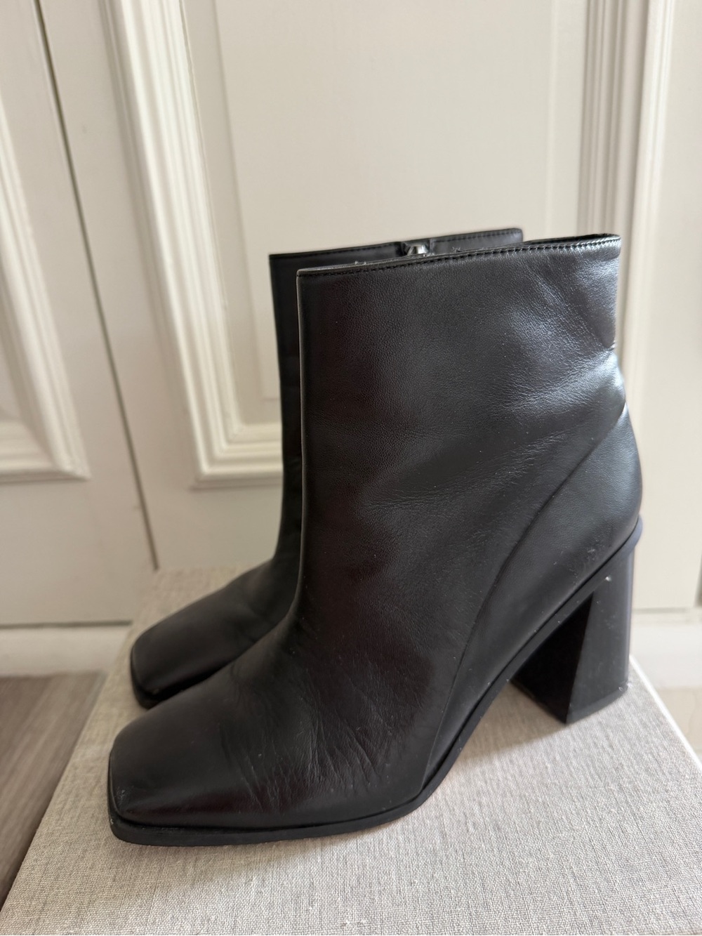 Franco Sarto Black Leather Ankle Booties with Block Heel - Picture 5 of 10